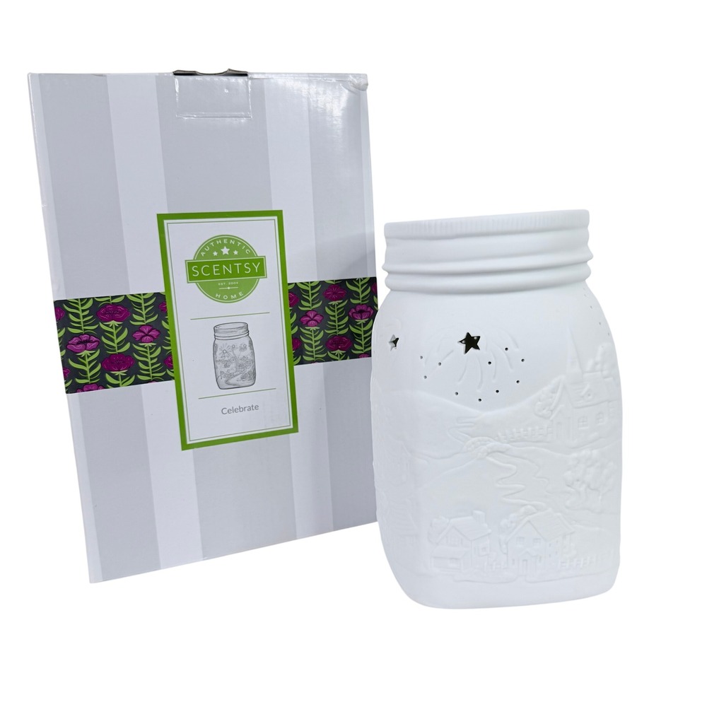 Scentsy Celebrate Electric Wax Warmer White Mason Jar Winter Village Scene 25W‎